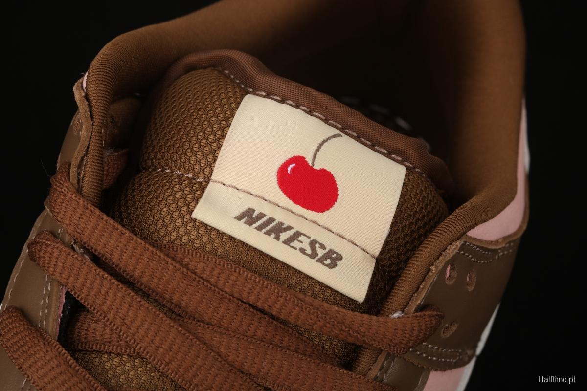 Stussy x SB DUNK Low Pro Cherry cherry pink brown skateboard shoes with low uppers 304292-671