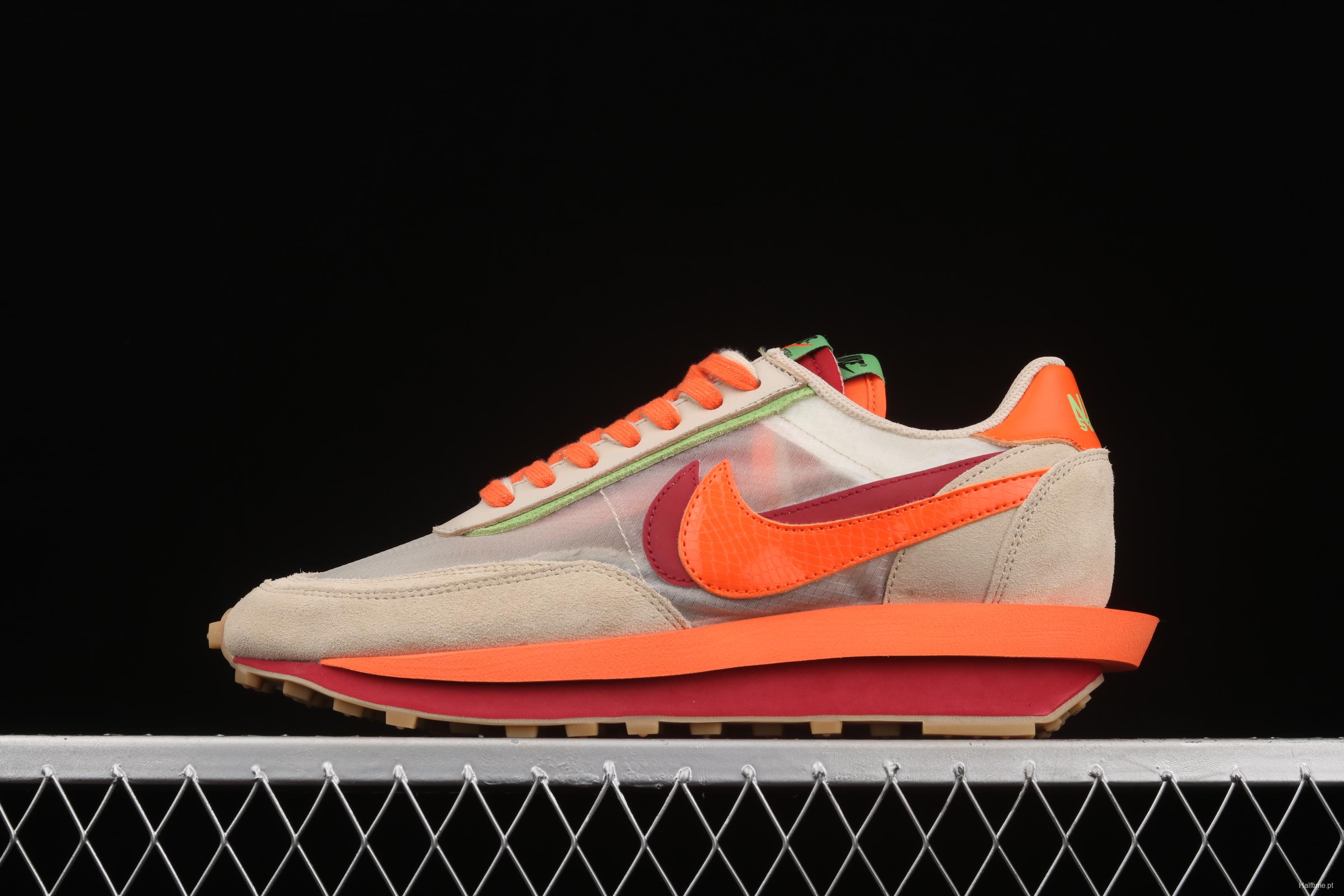 CLOT x Sacai x NIKE LDWaffle Net Orange Blaze joint overlapping design avant-garde waffle deformation rice orange color match casual jogging shoes DH1347-100