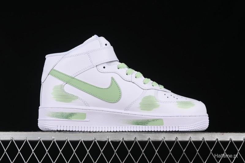 Nike Air Force 1 '07 Mid Hand-Painted White Green with Swoosh Shadow and Strap - CW2289-111