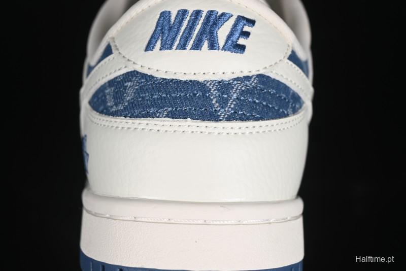 Nike SB Dunk Low LV Collaboration - Beige Blue Print Anniversary High-End Custom Low-Top Casual Skate Shoes - JH8310-954