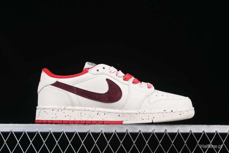 Nike Travis Scott x Fragment Design x Air Jordan 1 Low OG SP AJ1 Stone Island Collaboration Pomegranate Red Low-Top Casual Sneakers - CF3688-077